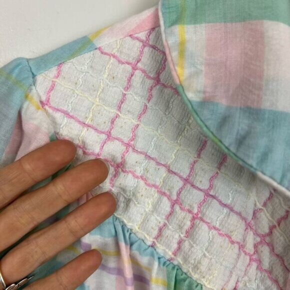 Vintage Granny Coffee Time Plaid Nightgown Long Puff  Short Sleeve Size S / M - Picture 10 of 12